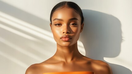 Serene Igbo Fashion Model in Modern Attire with Abstract Sunlight Patterns on Wall - Realistic Overlay