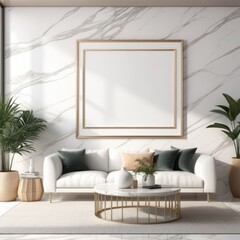 white poster frame close up in modern house interior with light colored marble textured wall, wall mockup, 3d rendering