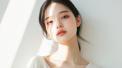 Serene Han Chinese Fashion Model in Contemporary Minimalist Attire Poses Confidently Against White Wall with Ethereal Lighting Effect