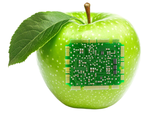 a green apple with a circuit board on it