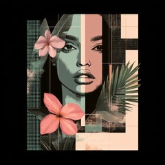 A stylized portrait of a woman surrounded by tropical flowers and leaves, blending graphic design with nature.