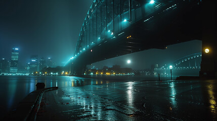 Obraz premium A bridge over a city with lights shining on it