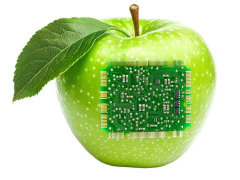 a green apple with a circuit board on it