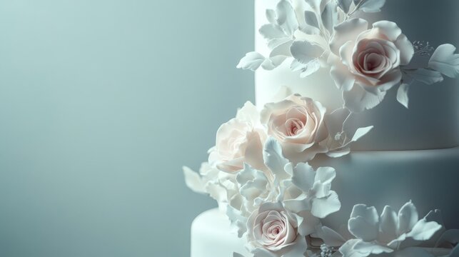 White wedding cake with floral decorations, empty space to the side for text, elegant and sophisticated