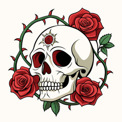 Intricate Skull Entwined with Roses and Thorny Vines on a Pristine Background Art vector illustration