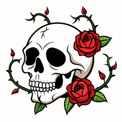 Intricate Skull Entwined with Roses and Thorny Vines on a Pristine Background Art vector illustration