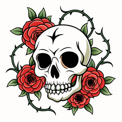 Intricate Skull Entwined with Roses and Thorny Vines on a Pristine Background Art vector illustration