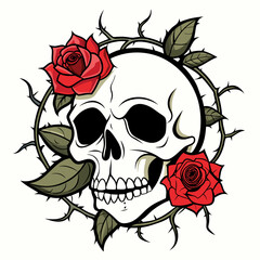 Intricate Skull Entwined with Roses and Thorny Vines on a Pristine Background Art vector illustration