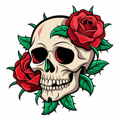 Intricate Skull Entwined with Roses and Thorny Vines on a Pristine Background Art vector illustration