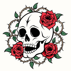 Intricate Skull Entwined with Roses and Thorny Vines on a Pristine Background Art vector illustration