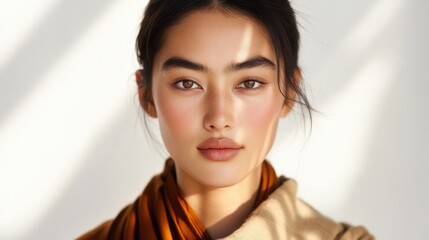Serene Tibetan Fashion Model in Contemporary Attire with Soft Illumination on White Wall Background Close-Up