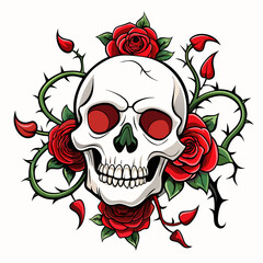 Intricate Skull Entwined with Roses and Thorny Vines on a Pristine Background Art vector illustration