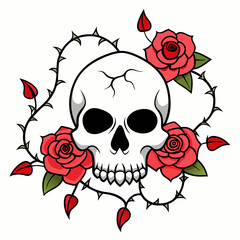 Intricate Skull Entwined with Roses and Thorny Vines on a Pristine Background Art vector illustration