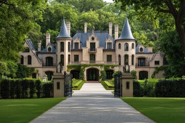 Fototapeta premium A beautiful and elegant mansion with distinctive turrets surrounded by lush greenery, capturing the grandeur and tranquility of an opulent estate.