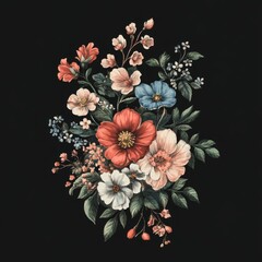 A vibrant floral arrangement featuring various colorful flowers and leaves on a dark background.