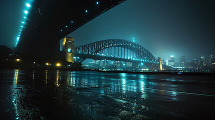 Obraz premium A bridge over a city with lights shining on it