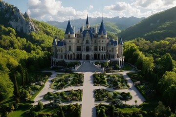 Fototapeta premium A grand castle surrounded by meticulously maintained gardens, positioned against a stunning backdrop of mountains and lush green landscapes, epitomizing luxury.