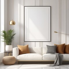white poster frame close up in modern house interior with light colored marble textured wall, wall mockup, 3d rendering
