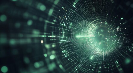 Obraz premium Glowing green particles creating a dynamic digital landscape in a dark environment