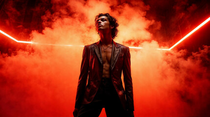 Bold fashion shot of a woman in a sleek leather outfit, enveloped in red neon lights and smoke, creating a powerful cyberpunk aesthetic.