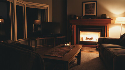 Cozy Living Room with Warm Lighting and Fireplace