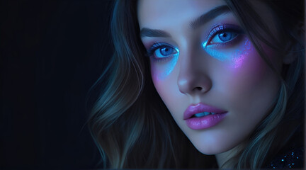 Beautiful female young model with vibrant glow makeup, skin care concept