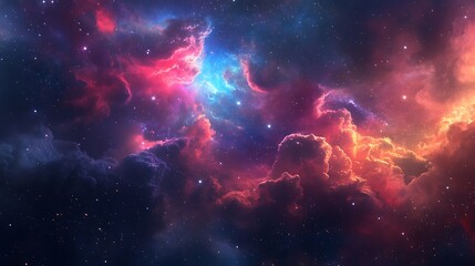 A breathtaking view of a colorful nebula in space, filled with swirling clouds of gas and dust, illuminated by distant stars.