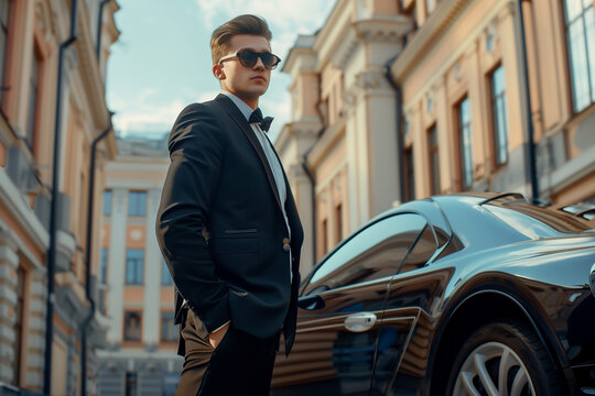 A man in a suit and tie stands in front of a black car