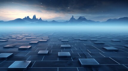 Futuristic Landscape with Geometric Shapes and Fog