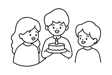 Birthday eating cake kids line art vector illustration