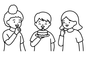 Birthday eating cake kids line art vector illustration