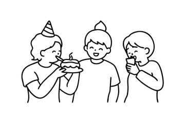 Birthday eating cake kids line art vector illustration