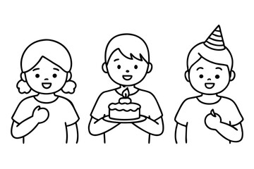 Birthday eating cake kids line art vector illustration