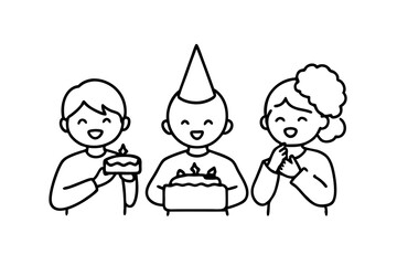 Birthday eating cake kids line art vector illustration