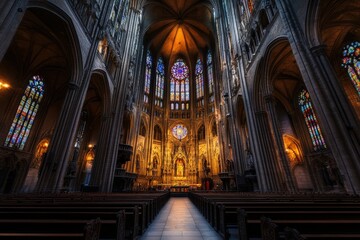 Obraz premium A dramatic view of a gothic cathedral interior, highlighted by stunning stained-glass windows and soaring arches. The blend of architecture and light creates a mystical aura.