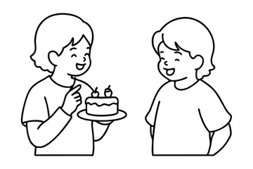 Birthday eating cake kids line art vector illustration