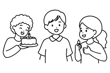 Birthday eating cake kids line art vector illustration