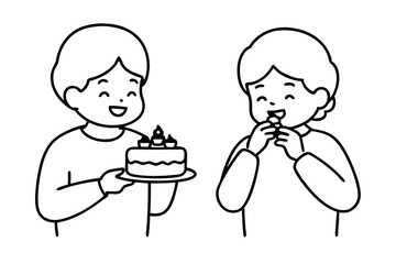 Birthday eating cake kids line art vector illustration