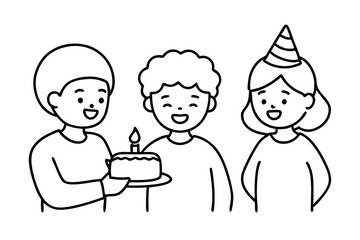 Birthday eating cake kids line art vector illustration