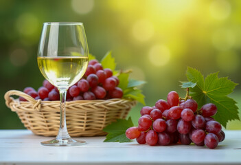 A glass of white wine next to a basket of grapes and a bunch of grapes on a white background.