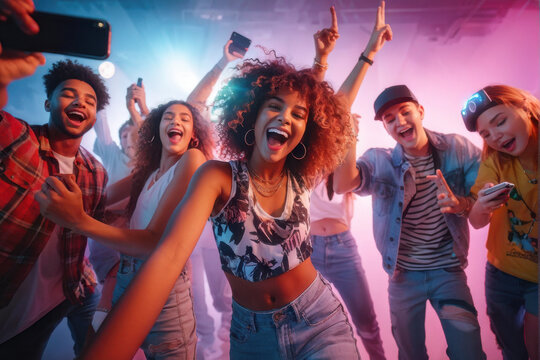 Trendy Dance Moves: Gen Z Friends Creating Social Media Content. Vibrant young people creating content for their social media vlog. generative AI
