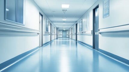 Obraz premium Empty hospital corridor with blue flooring and doors on each side