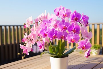 Pink Orchid Flower in a White Pot on a Wooden Table