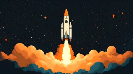 Fototapeta premium Rocket Blasting Off to the Starry Skies in a Flat Design