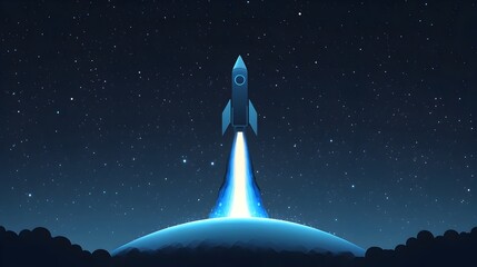 Rocket Bursting Through the Stratosphere in the Starry Night Sky - Flat Design