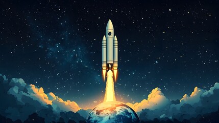 Obraz premium Soaring Rocket Ascent into the Starry Cosmos with Earth Retreating Below