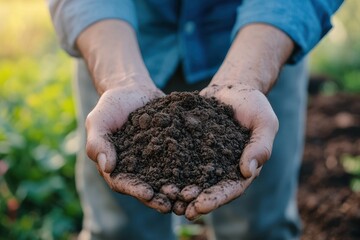 hands holding soil or dirt, a worker in a blue shirt and pants with a blurred background outdoors