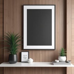 white poster frame close up in modern home interior with light dark colored wood texture walls, wall mockup, 3d rendering