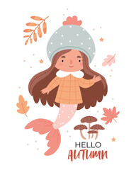 A cute mermaid in autumn clothes swims with fish and autumn leaves. Autumn poster with text.Unusual combination. Surrealism.