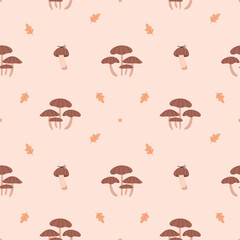 Autumn seamless pattern. Mushrooms, acorns and leaves on a neutral background.